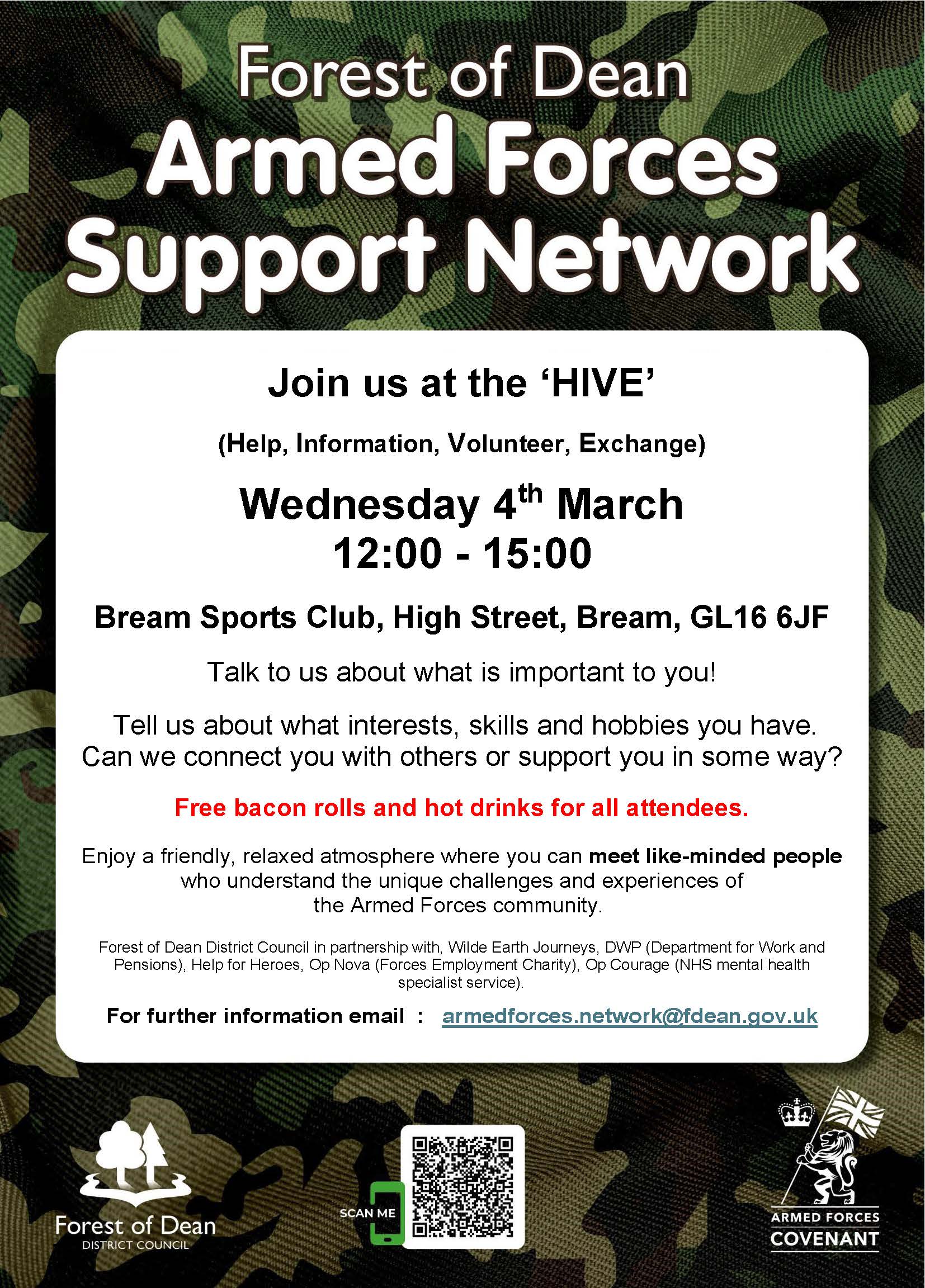 Armed Forces Support Network. Wednesday 4th March. 12-3pm at Bream Sports Club